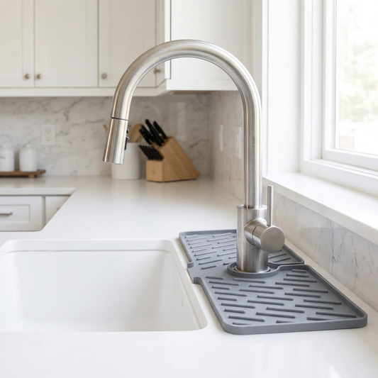 Silicone faucet mat wrapped around a kitchen faucet base