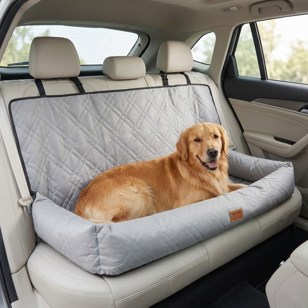 Dog lying in the grey bolstered dog car bed across the back seat